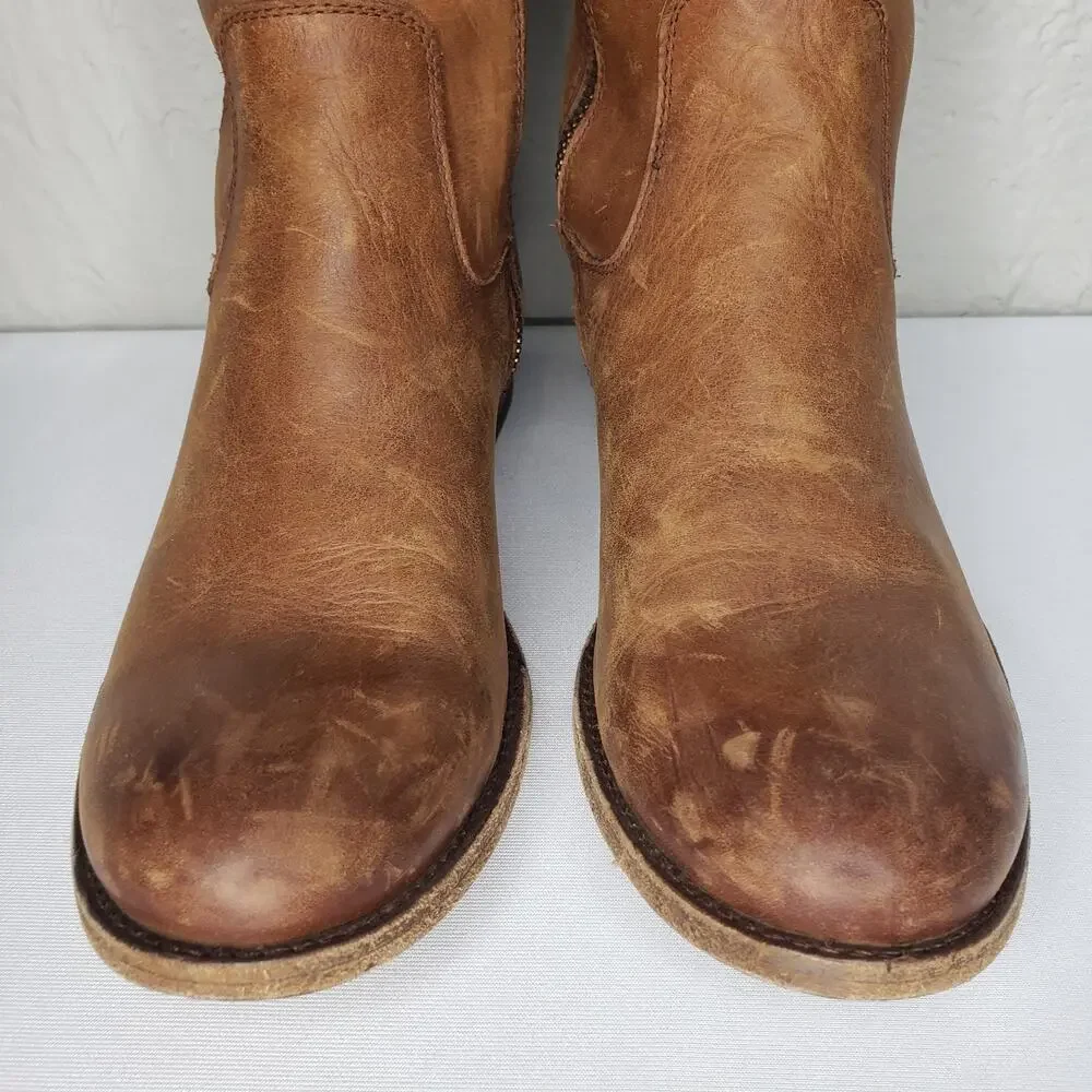 Frye Melissa Size 7B Button Inside Zip Tall Leather Boots Cognac Distressed
